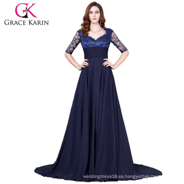 Grace Karin formal de gasa azul marino elegante vestido de noche de manga larga 2015 CL6234